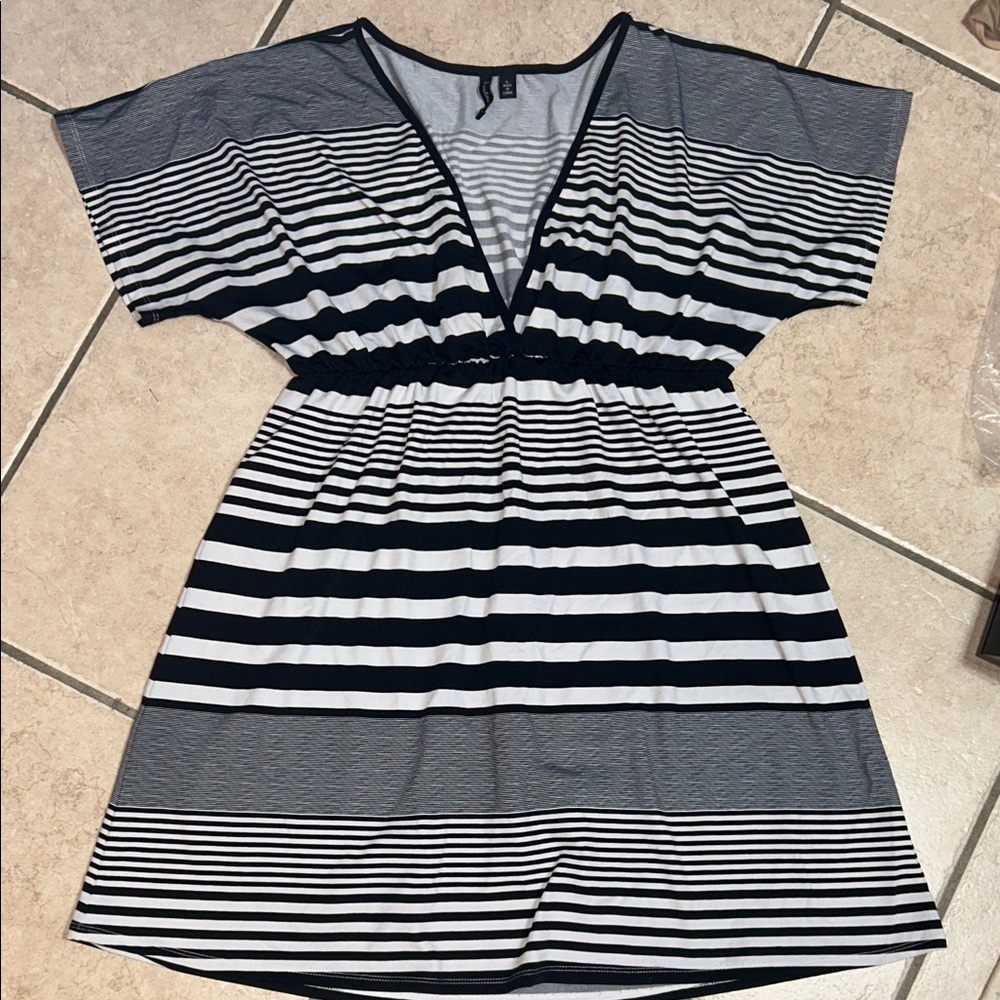 Striped V-Neck Elastic Waist swim coverup or dress- Black & White